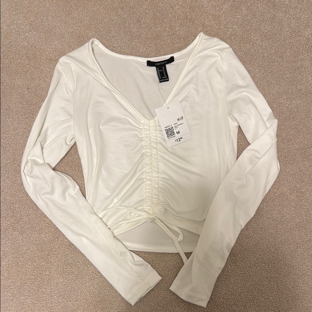White Long Sleeve Ruched Top
